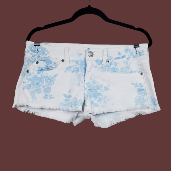 American Eagle Outfitters Pants - American Eagle Womens White Blue Floral Low Rise Denim Jean Shorts Size 8